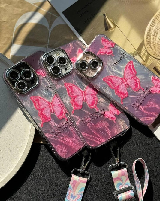 New Strap Pink Butturfly Case For iPhone